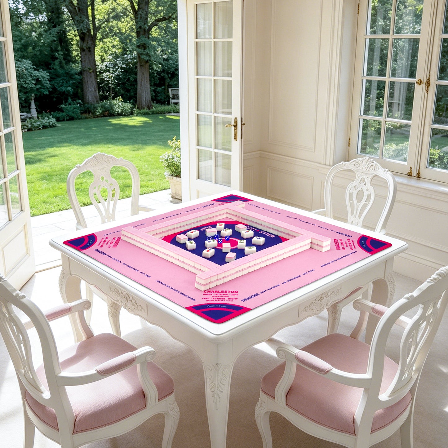 Pink American Mahjong set arranged on dining table for game night