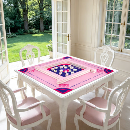 Pink American Mahjong set arranged on dining table for game night