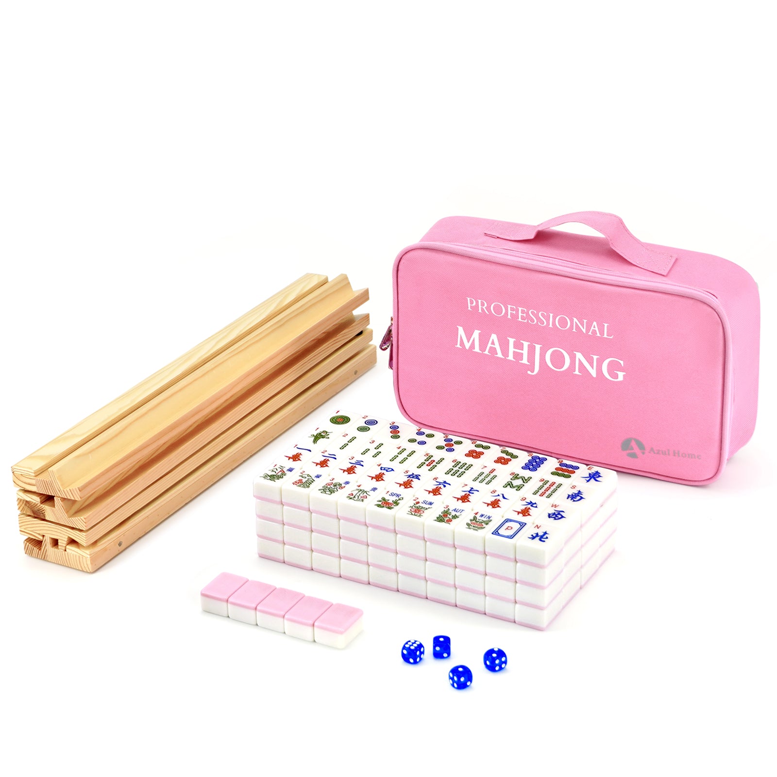 Pink mahjong set with wooden racks, tiles, dice, and carrying case for American Mahjong