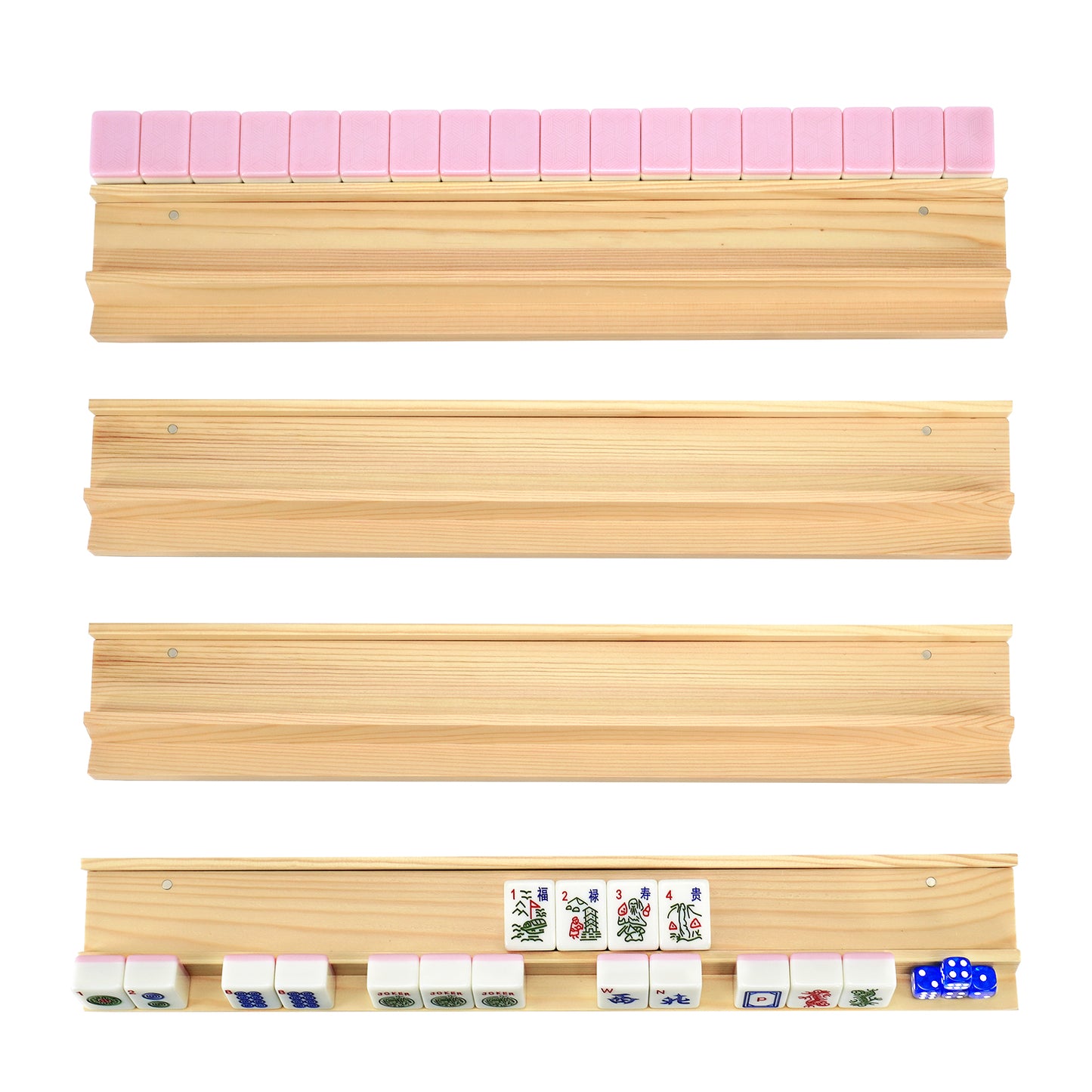 Wooden mahjong racks with pink pushers included in pink American Mahjong set