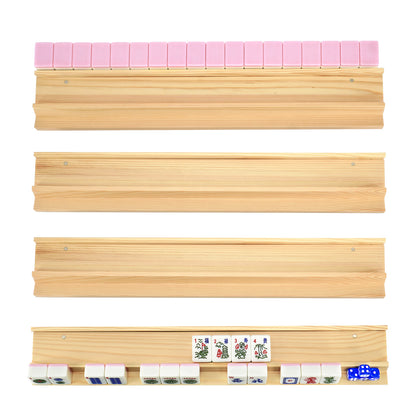Wooden mahjong racks with pink pushers included in pink American Mahjong set