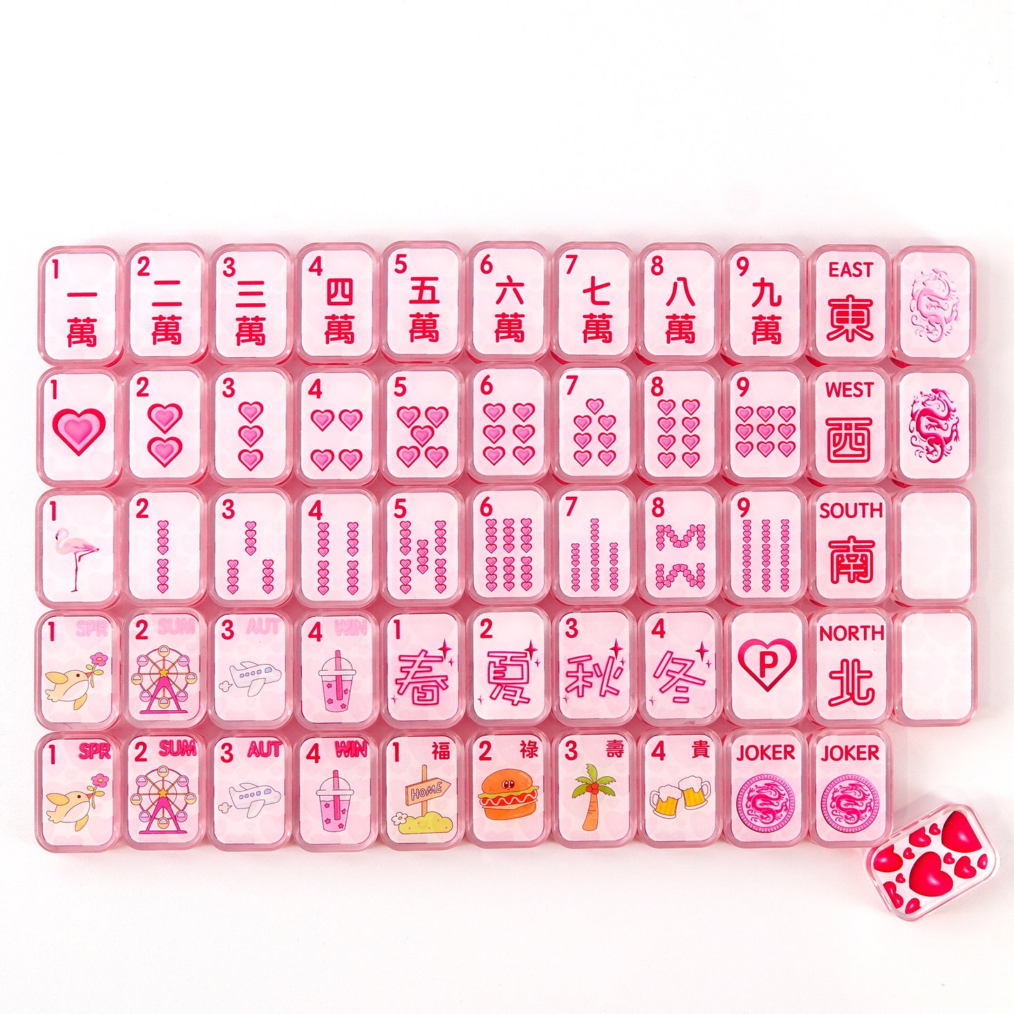 Pink transparent acrylic mahjong tiles made from premium resin with clear engraved patterns