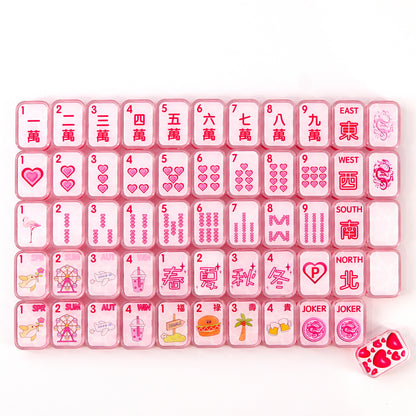 Pink transparent acrylic mahjong tiles made from premium resin with clear engraved patterns