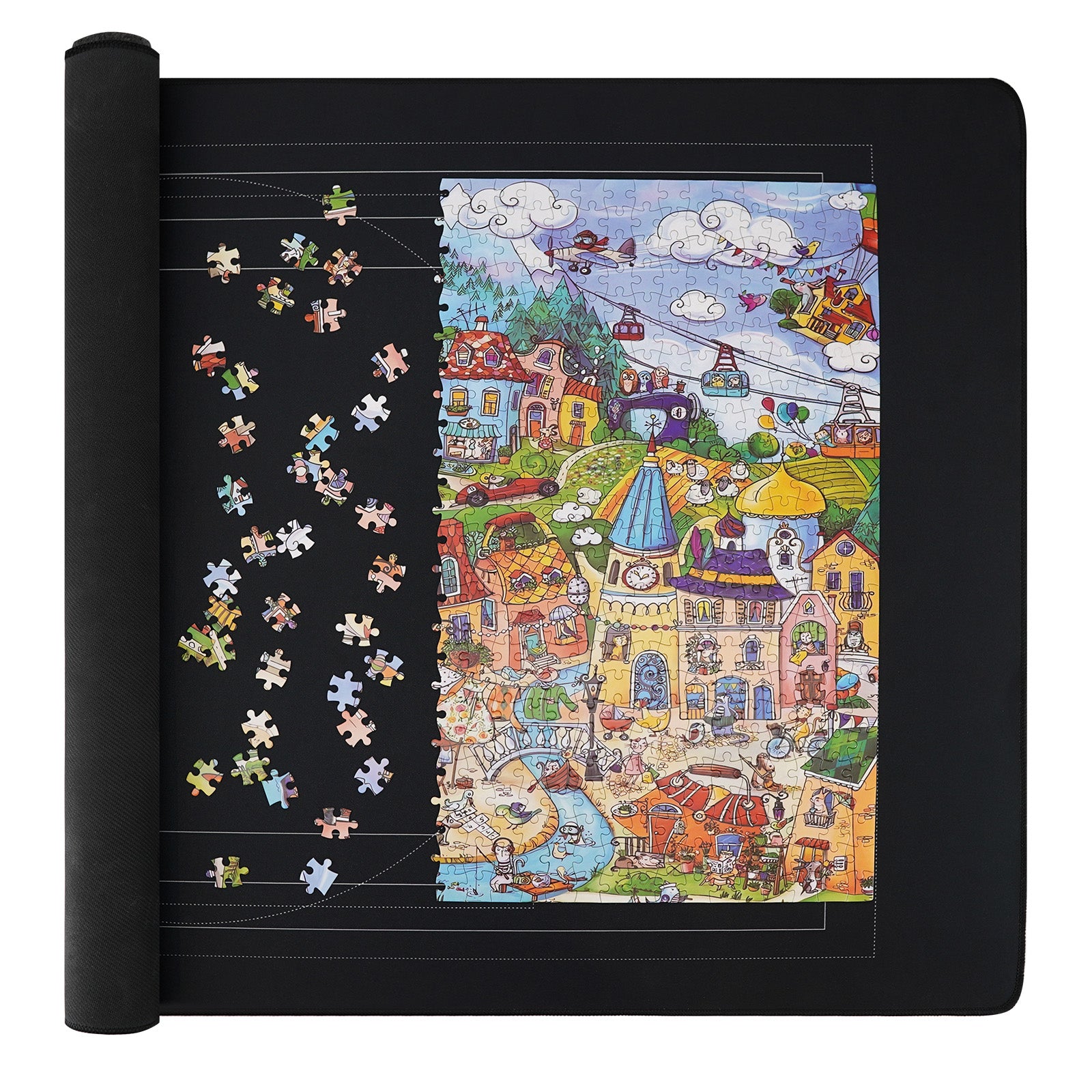 puzzle mat laid flat with puzzle pieces in progress on the surface