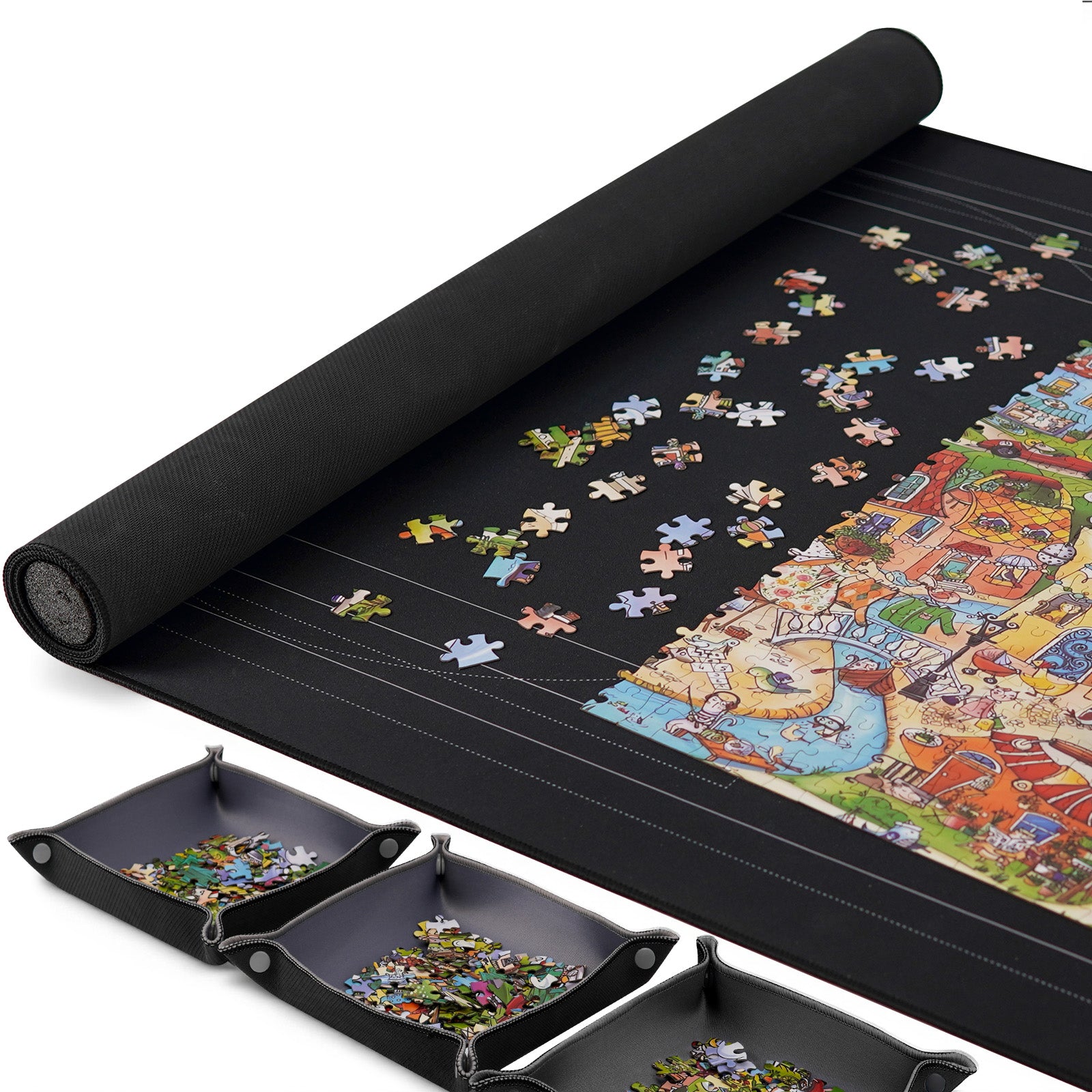 puzzle mat with sorting trays and accessories for organizing puzzle pieces
