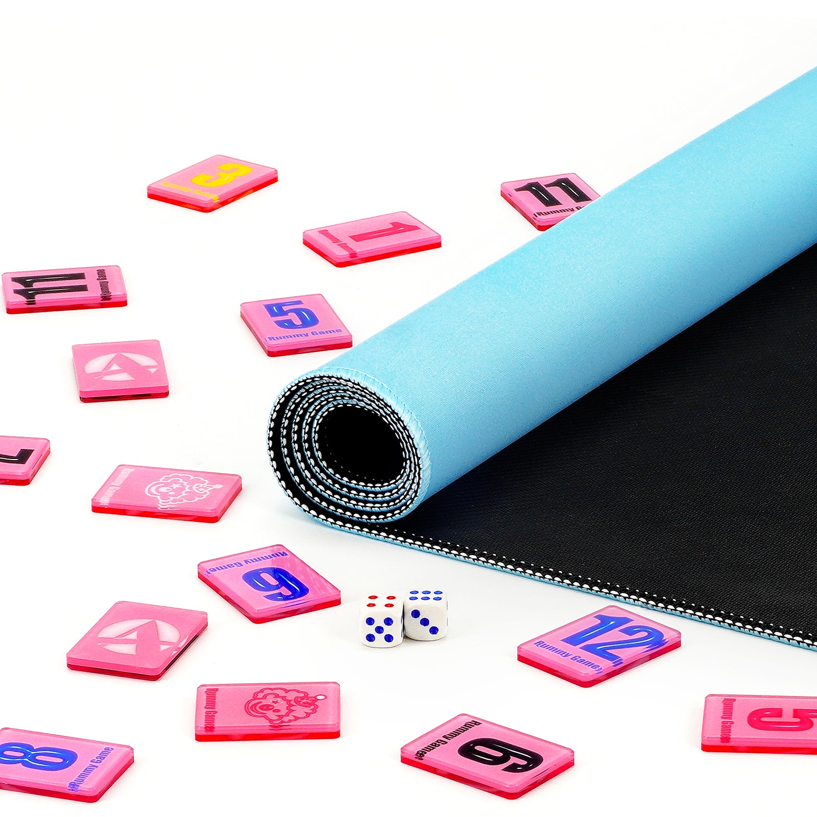 Rolled blue play mat with numbered tiles for rummy game set