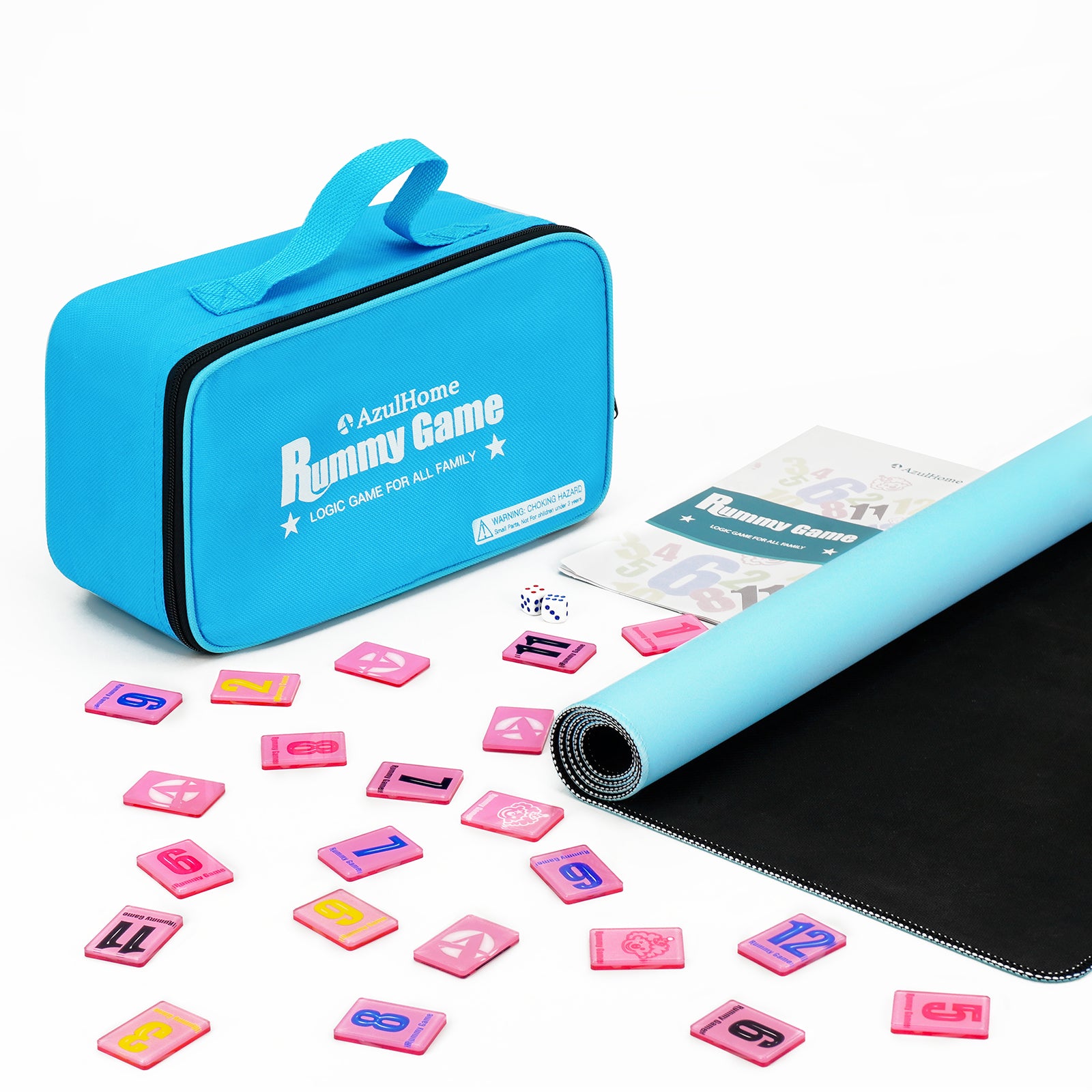 Blue carrying case with play mat and tiles for rummy tile game set