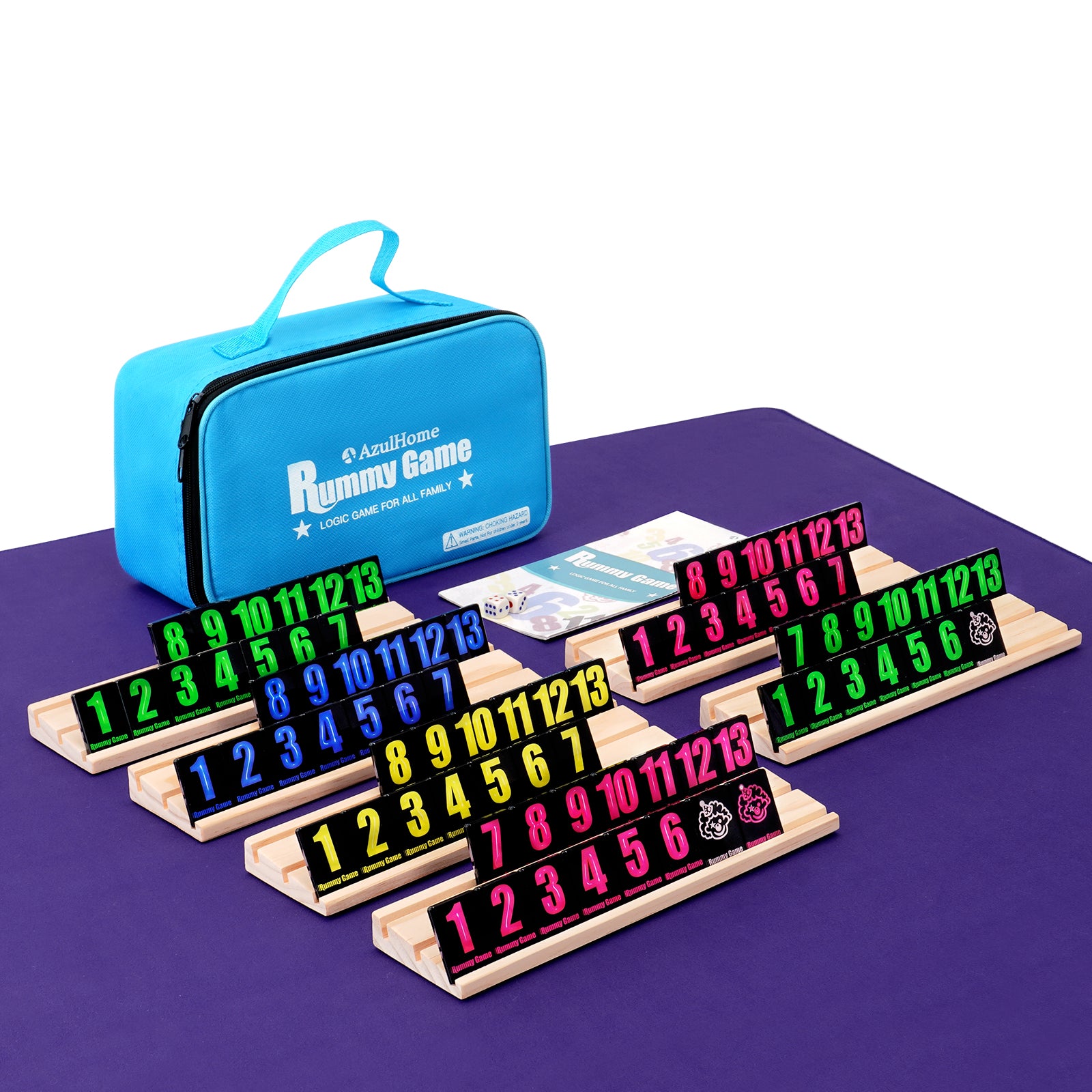Rummy tile game set with wooden racks, numbered tiles, and blue carrying case
