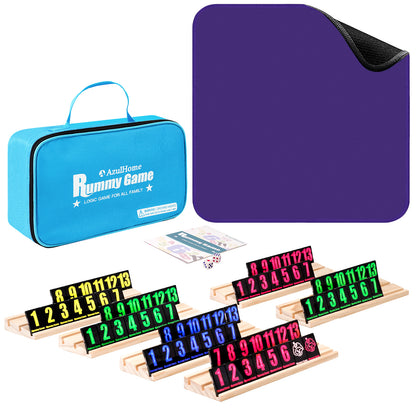 Complete rummy tile game set with blue carrying case, racks, and colorful tiles