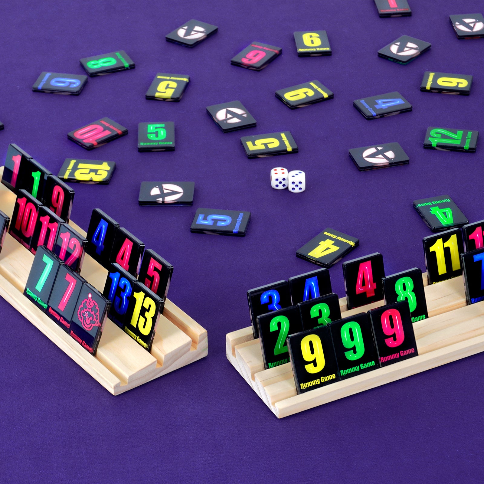 Close up of colorful numbered tiles for rummy tile game set