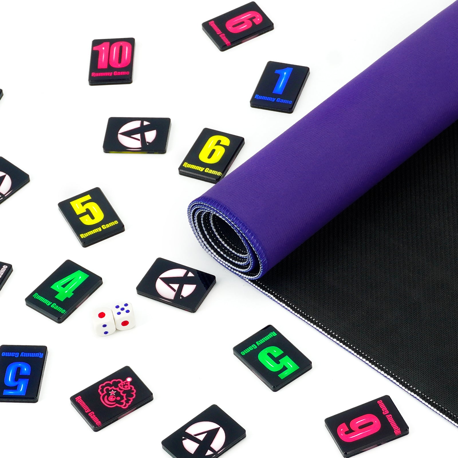 Rummy tile game tiles displayed on rolled game mat