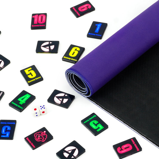 Rummy tile game tiles displayed on rolled game mat
