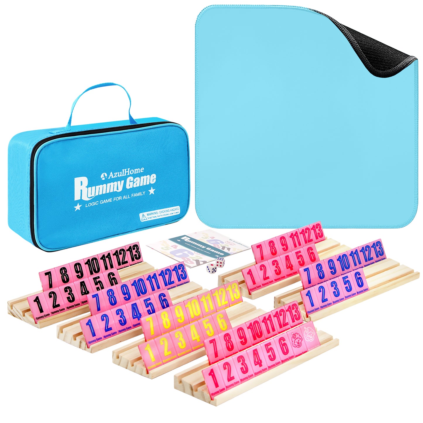 Rummy tile game set with play mat, wooden racks, colorful numbered tiles, and blue carrying case