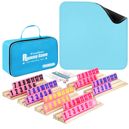 Rummy tile game set with play mat, wooden racks, colorful numbered tiles, and blue carrying case