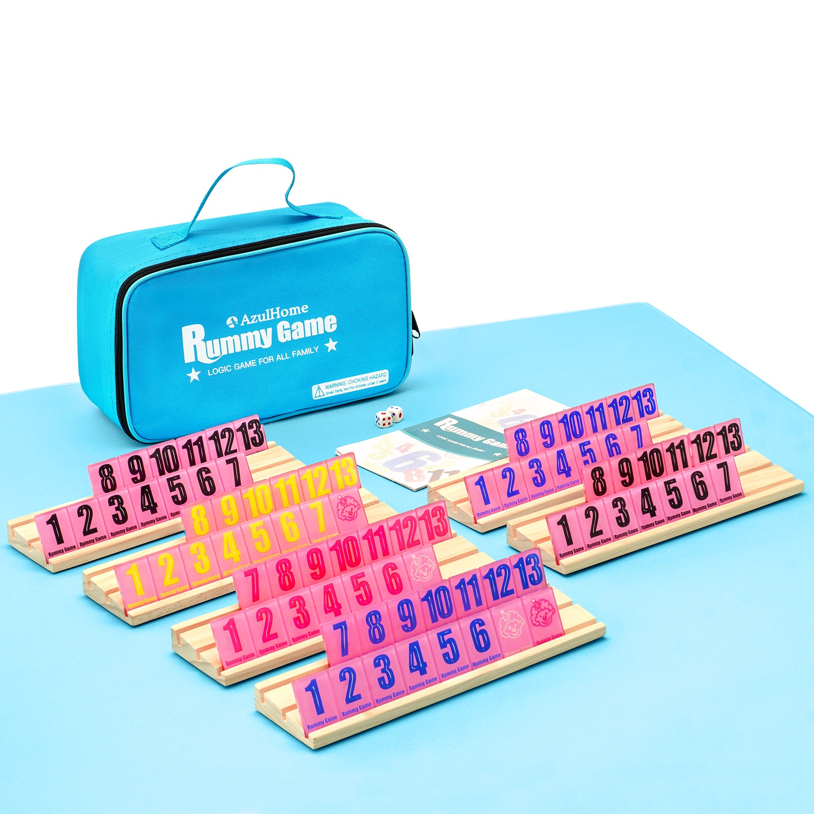Top view of rummy tile game set with colorful numbered tiles and wooden racks