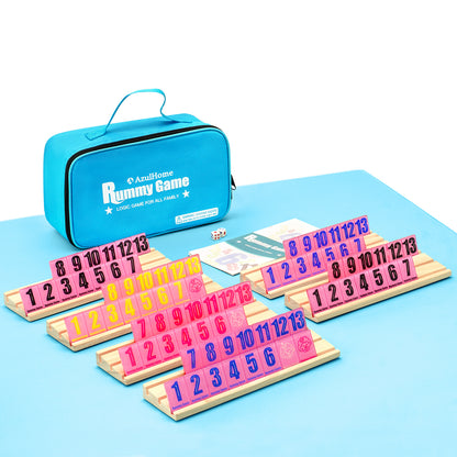 Top view of rummy tile game set with colorful numbered tiles and wooden racks