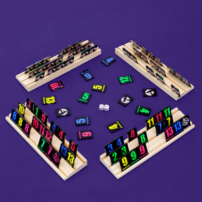 Top view of rummy tile game with racks and numbered tiles