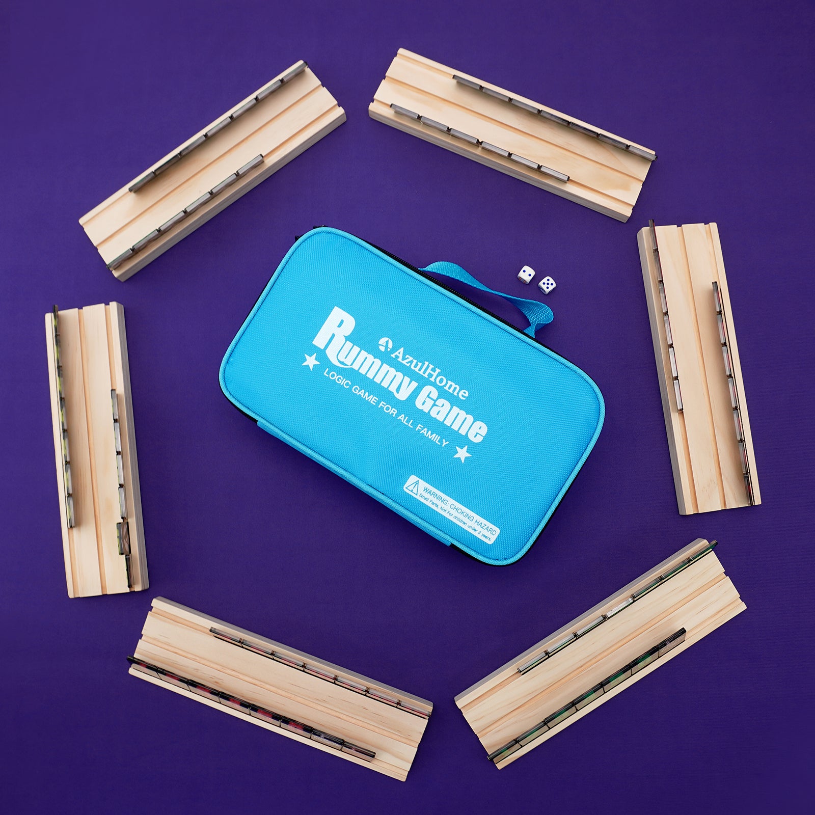 Wooden racks arranged for four player rummy tile game