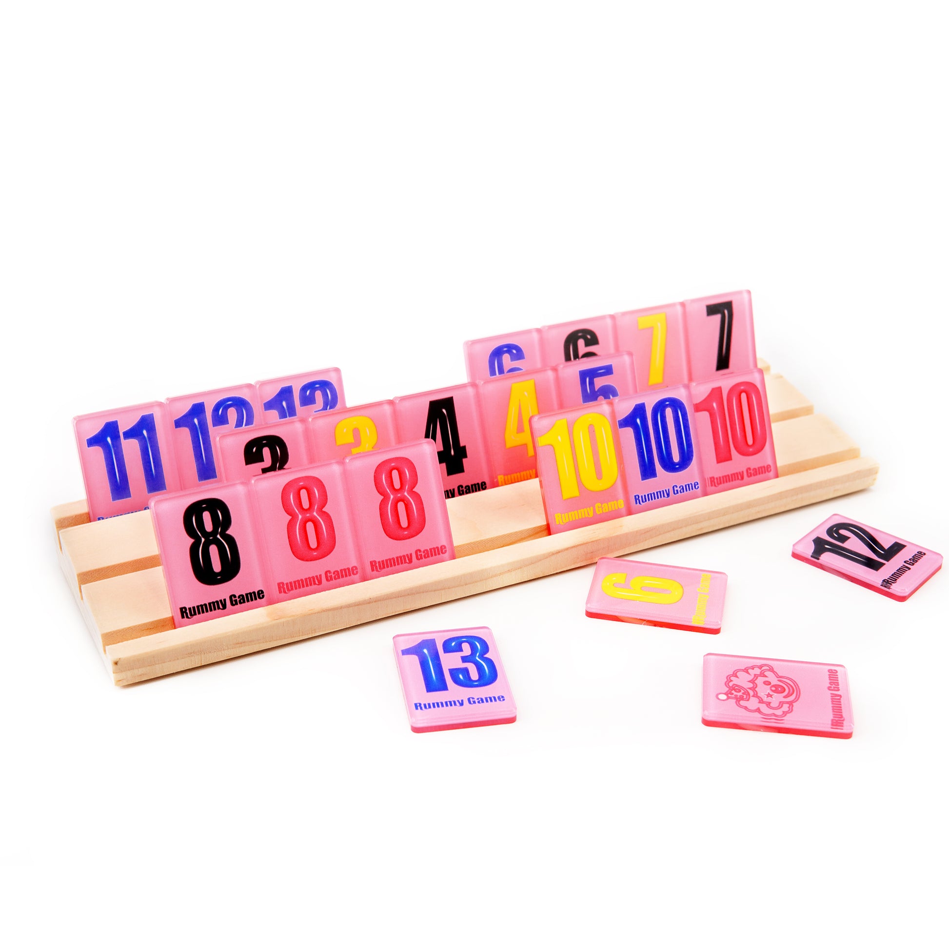rummy number tiles arranged on a wooden rack with colorful modern design