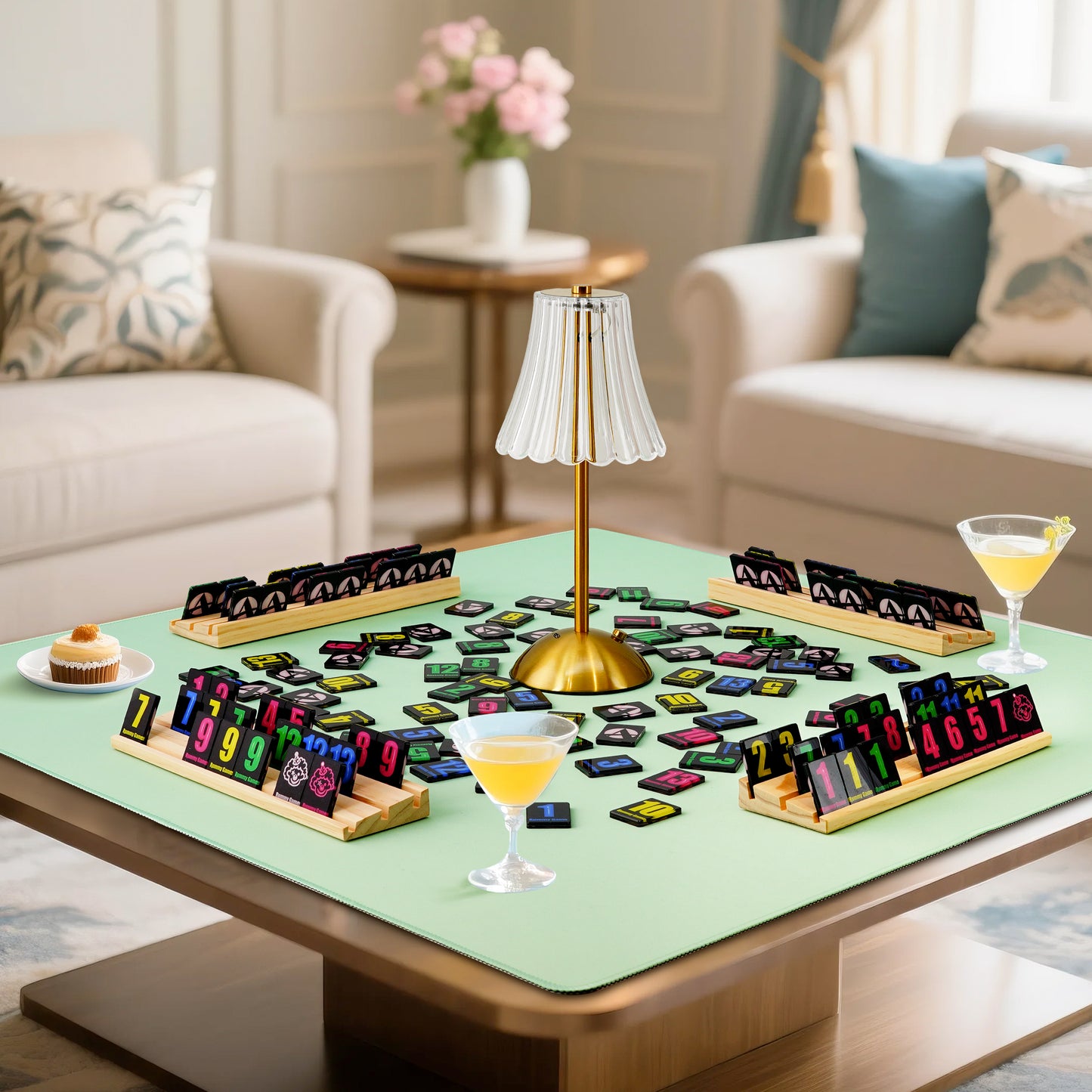 family playing rummy game on a table with colorful tiles and racks