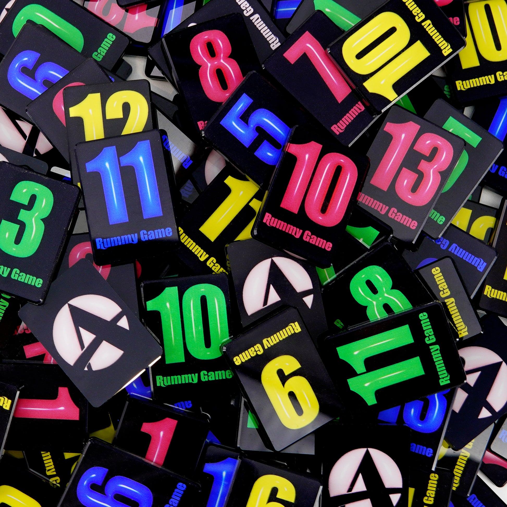 close up of colorful numbered rummy tiles with bold high contrast colors