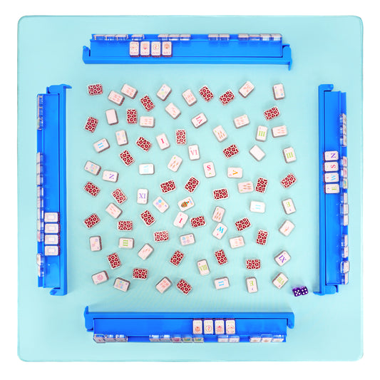 Top view of sky blue acrylic mahjong rack and pusher set arranged on game table with tiles