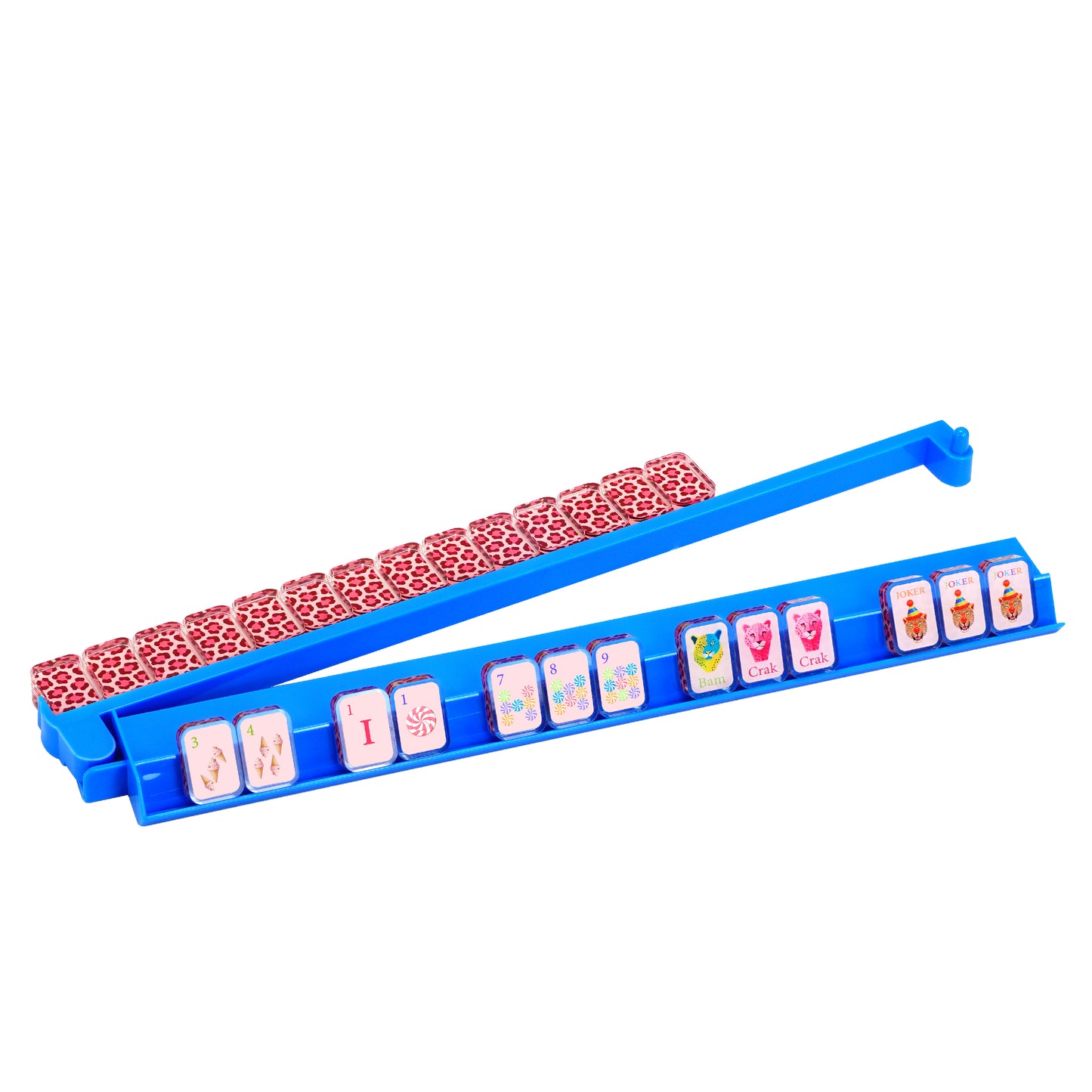 Side view of sky blue acrylic mahjong rack with attached pusher and tiles