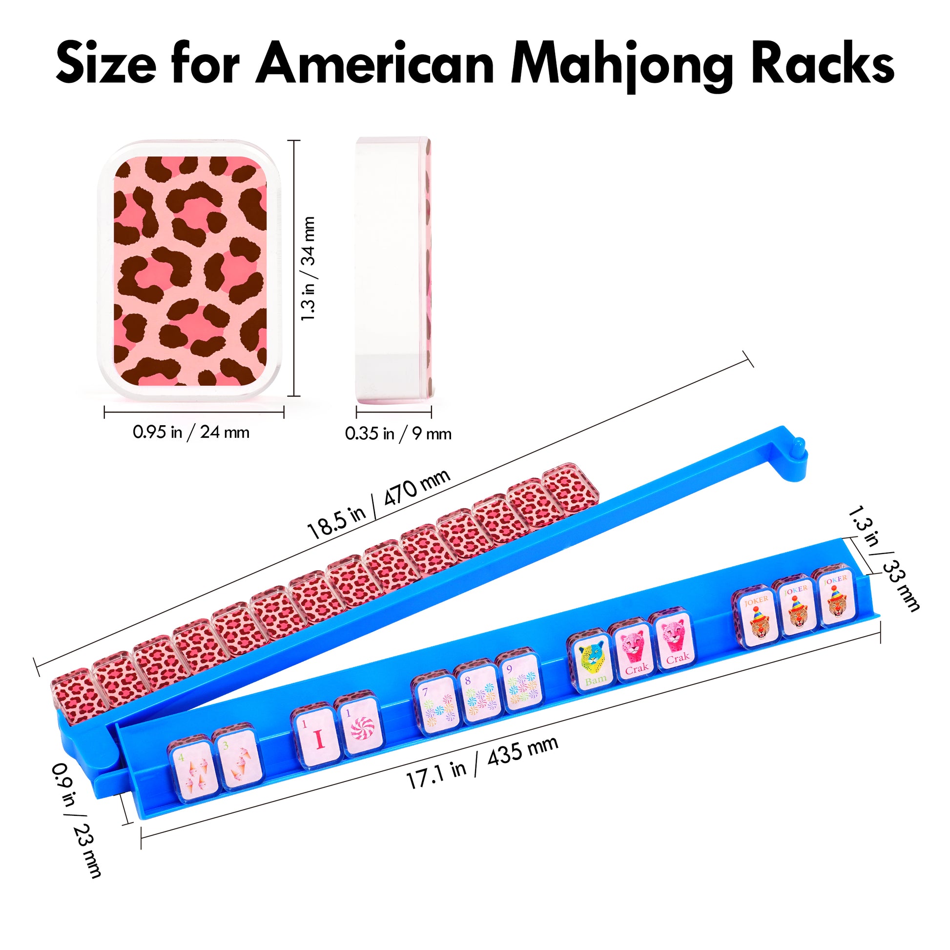Size guide for sky blue acrylic mahjong rack for American Mahjong tiles