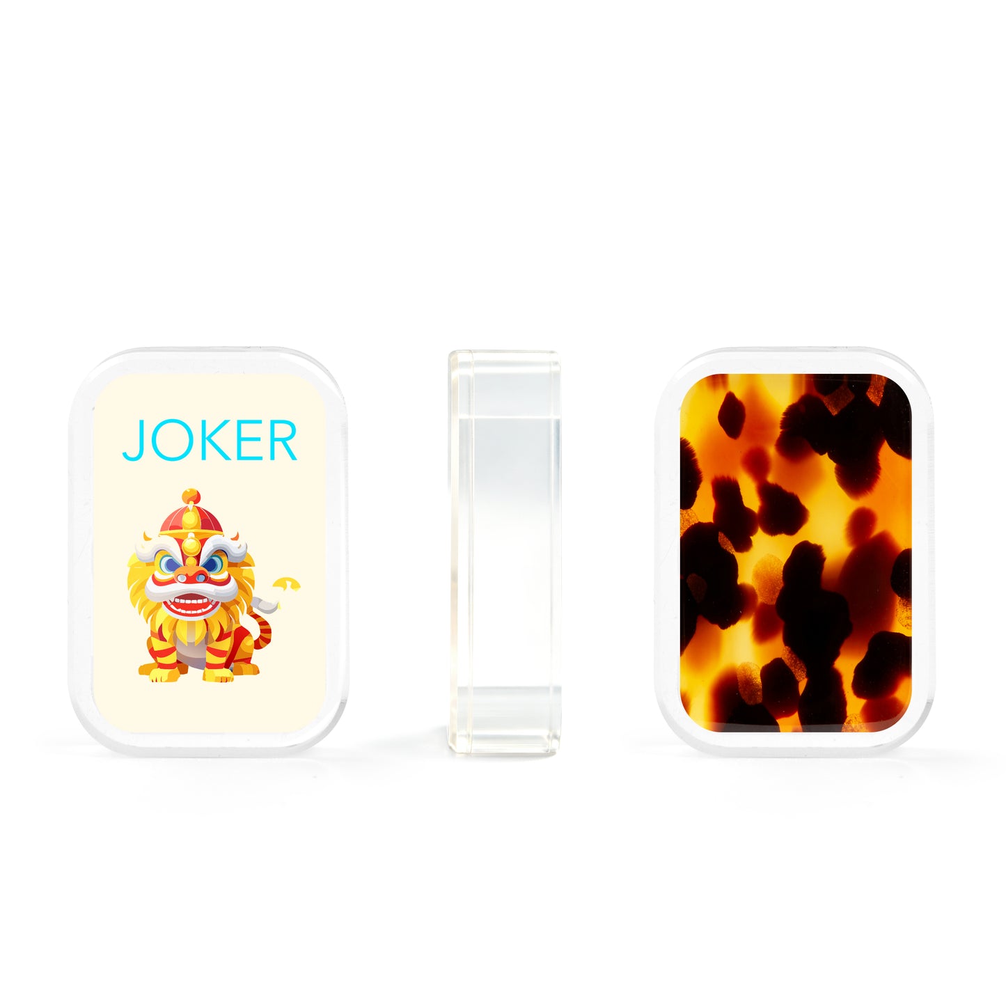 Tortoise shell mahjong accessories including dice, racks, and amber brown tiles