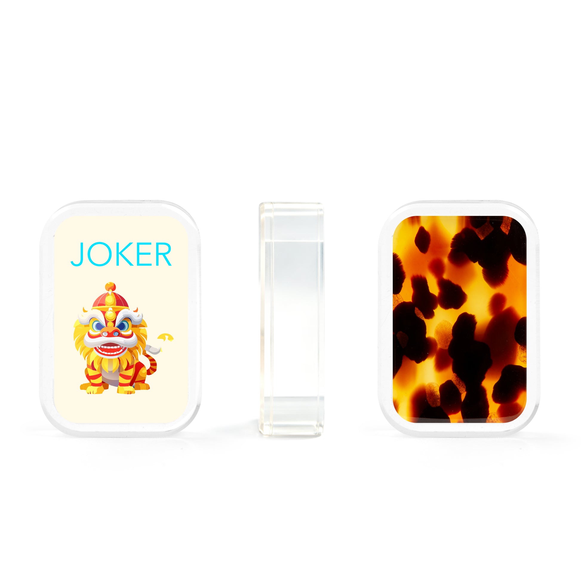 Tortoise shell mahjong accessories including dice, racks, and amber brown tiles
