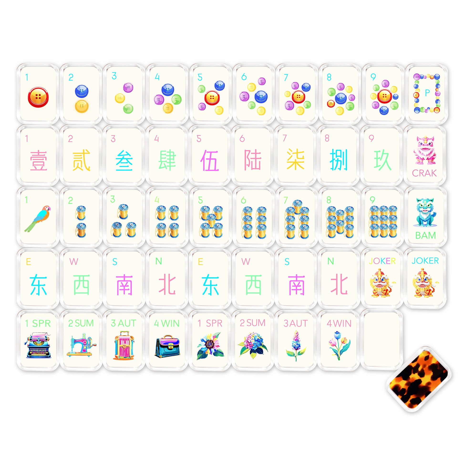 Complete tortoise shell mahjong set with tiles, racks, dice, and matching accessories