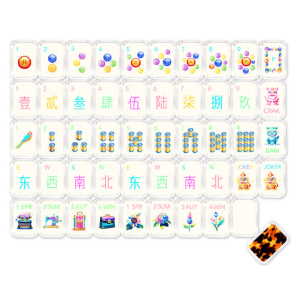 Complete tortoise shell mahjong set with tiles, racks, dice, and matching accessories