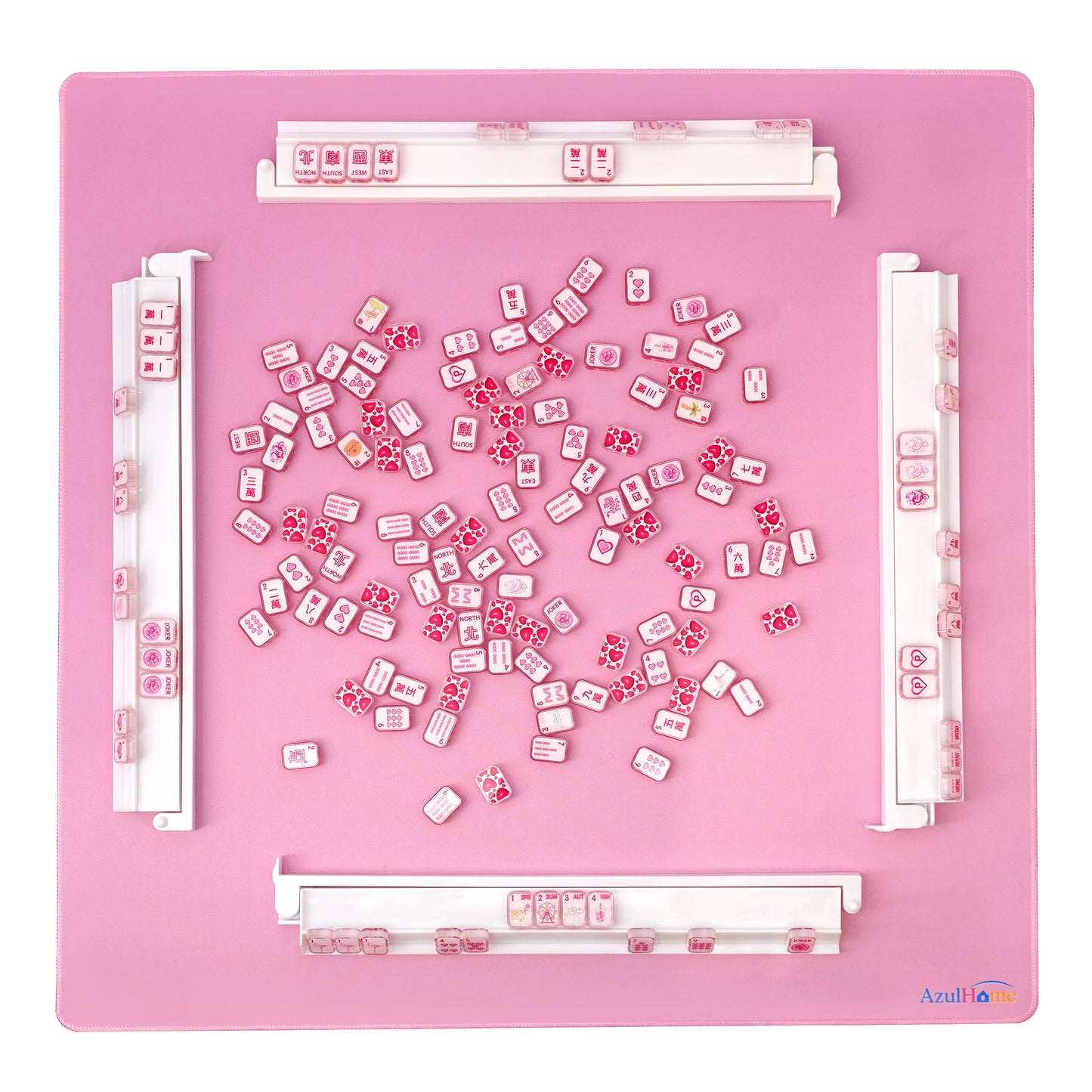 White acrylic Mahjong rack and pusher set shown from the top with mahjong tiles 