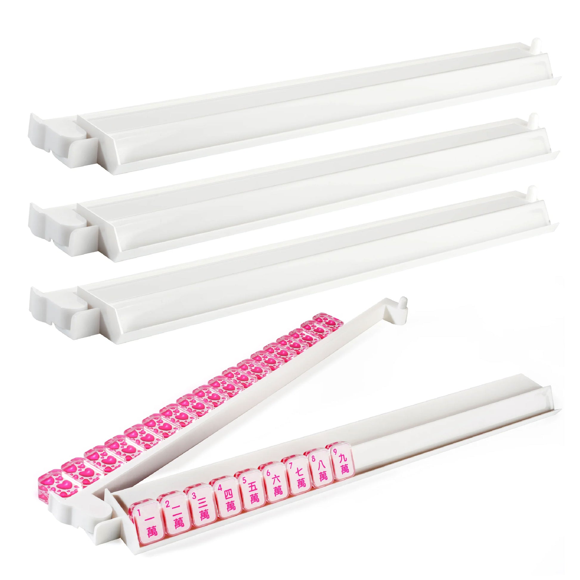 White acrylic Mahjong rack and pusher set shown from the front with smooth modern design
