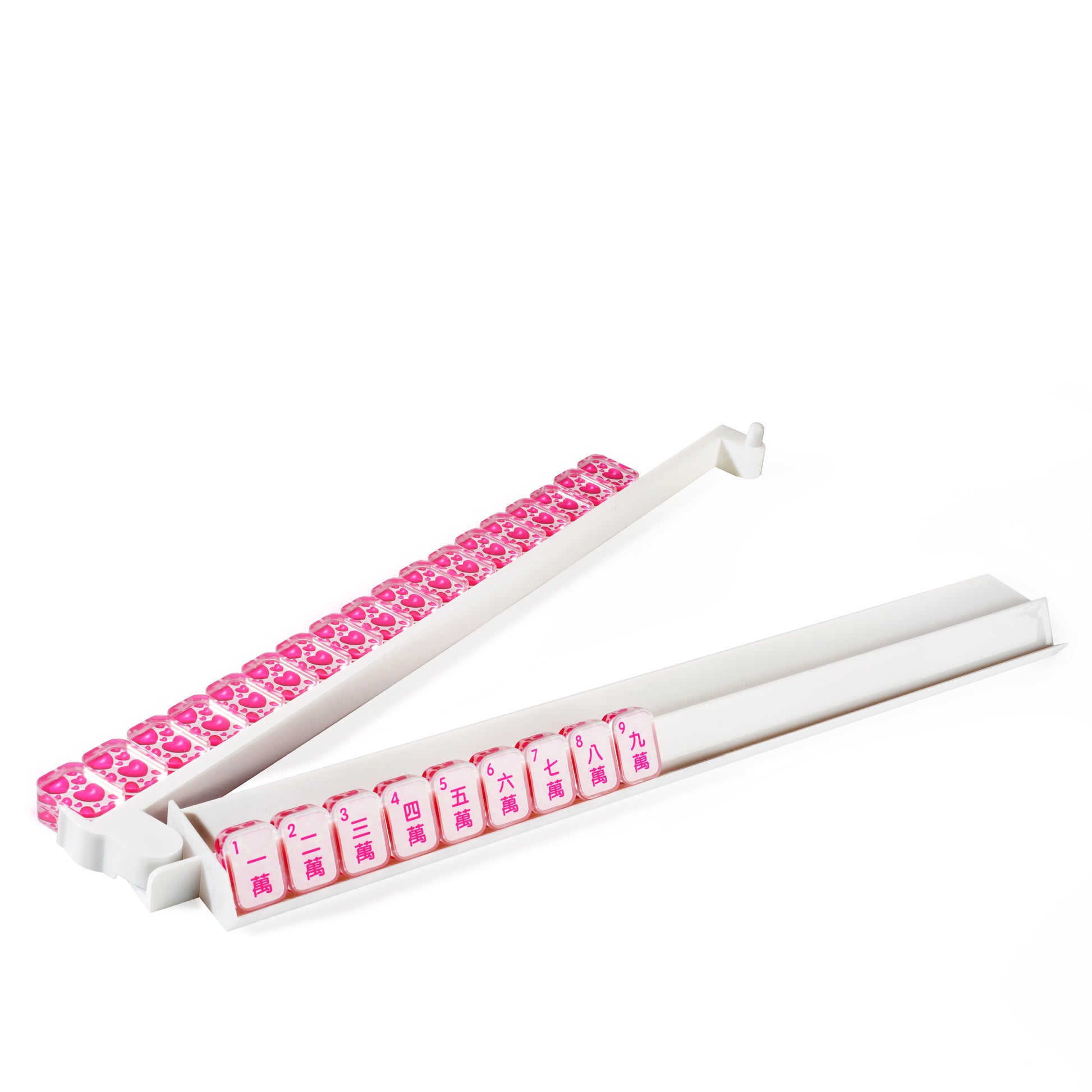 Side view of white acrylic Mahjong rack with attached pusher for easy tile movement