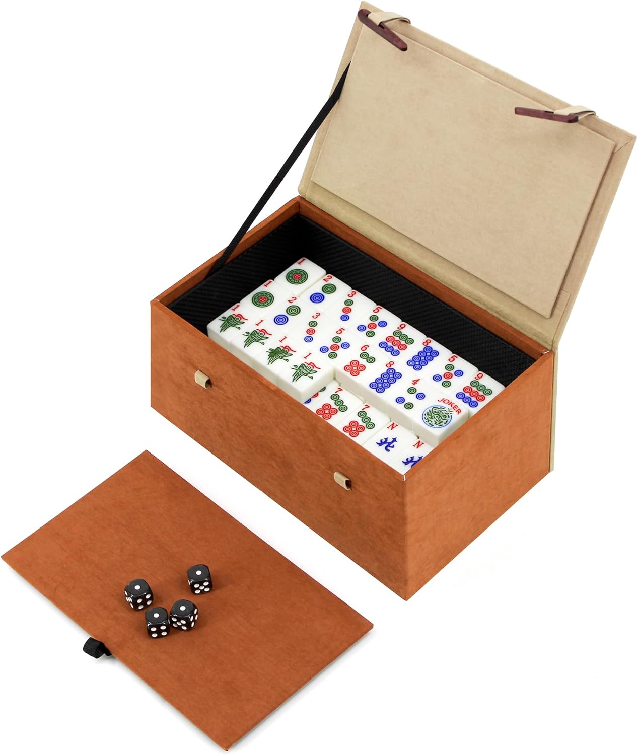 ink painting style white mahjong tiles stored in an open wooden storage box