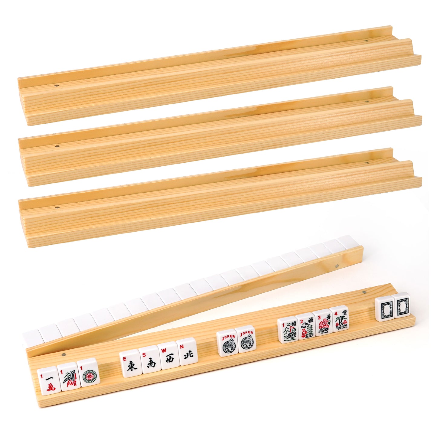Side profile of wooden Mahjong rack with attached pusher for easy tile movement